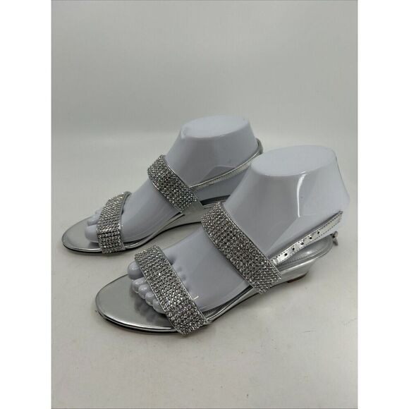 Nina SILVER  METALLIC CRYSTAL SLINGBACK MID-HEEL SANDAL SIZE 5.5 - Picture 3 of 10
